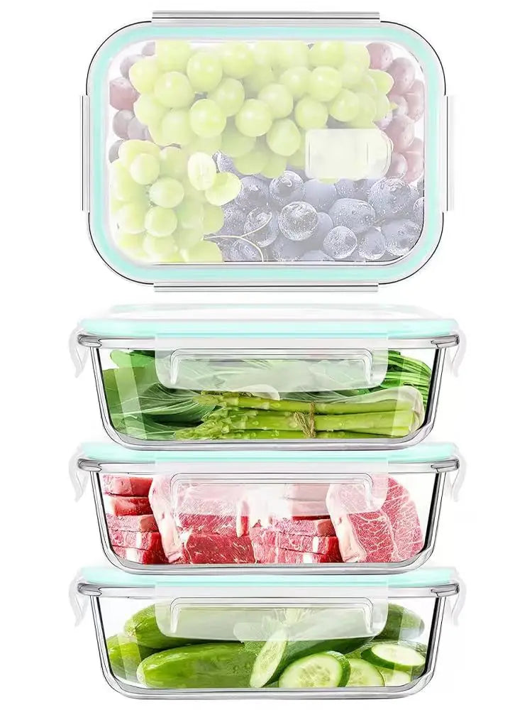 Set of 4 Glass Lunch Boxes with Snap-On Lids – Airtight, Leak-Proof & Stackable 1040ml Food Containers – Best for Meal Prep, Fruit & Leftovers
