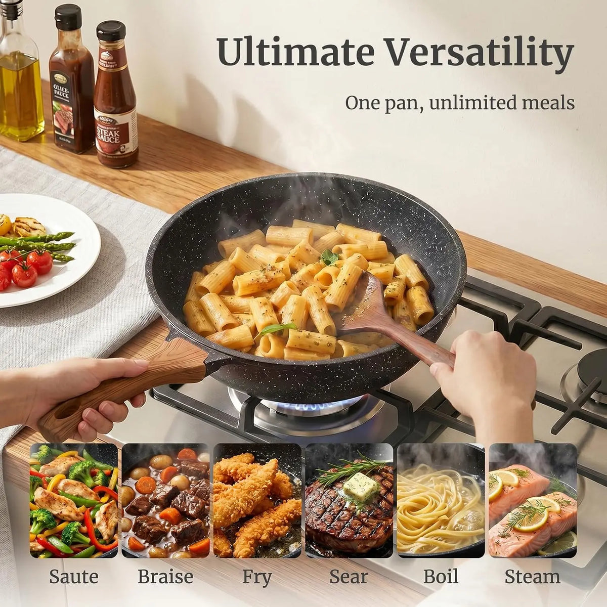 Non-Stick Deep Frying Pan with Glass Lid – Aluminium Sauté Pan for Gas & Induction – Great for Stir-Fries, Sauces & Shallow Frying – Available in 24cm, 26cm & 30cm