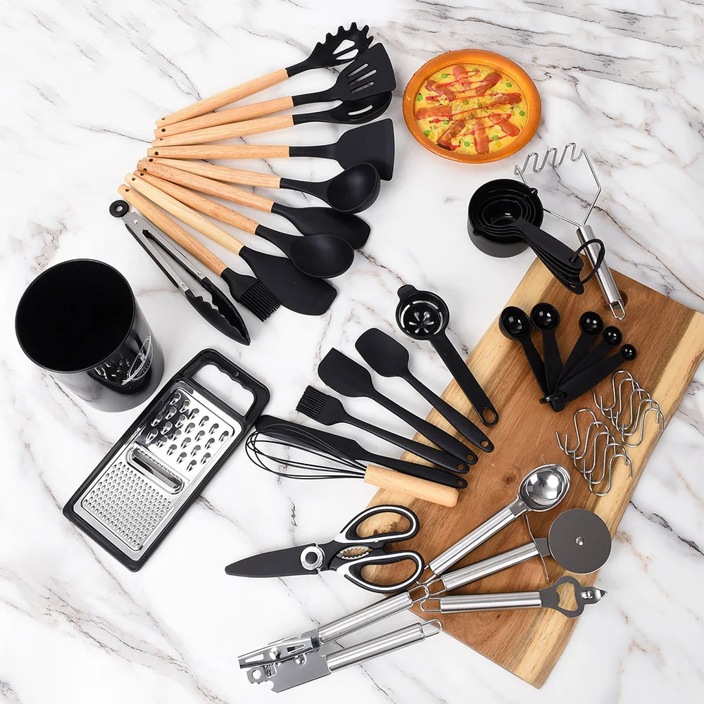 44 Piece Silicone Kitchen Utensil Set with Wooden Handles & Holder – Spatulas, Spoons, Whisk, Tongs & Measuring Cups – Ideal for Complete Kitchen Kits