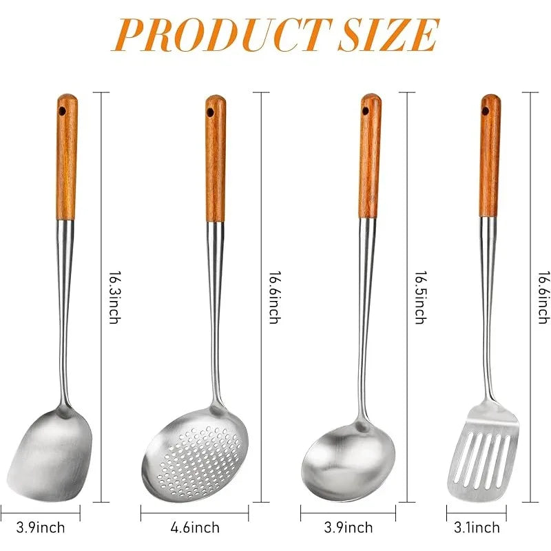 Stainless Steel Wok Spatula & Ladle Set with Wooden Handles – Skimmer, Slotted Turner & Cooking Utensils – Great for Stir-Fries, Soups & Frying – Available as a 4-Piece Set or Singles