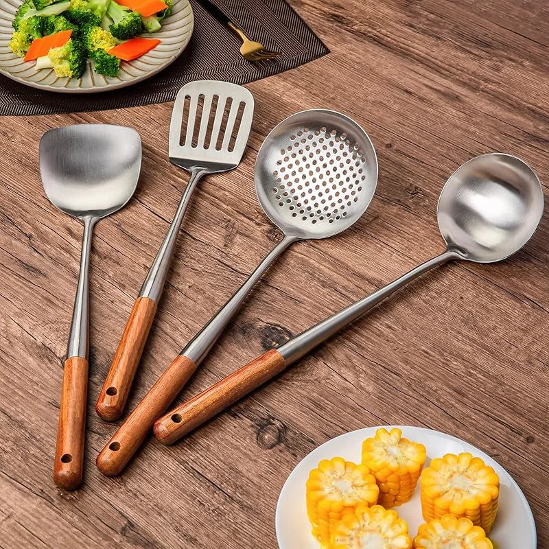 Stainless Steel Wok Spatula & Ladle Set with Wooden Handles – Skimmer, Slotted Turner & Cooking Utensils – Great for Stir-Fries, Soups & Frying – Available as a 4-Piece Set or Singles