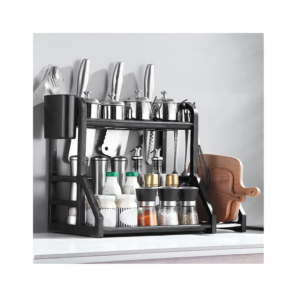 Double-Tier Corner Spice Rack & Knife Stand – Movable Kitchen Worktop Storage Shelf – Great for Spices, Knives & Seasoning Bottles