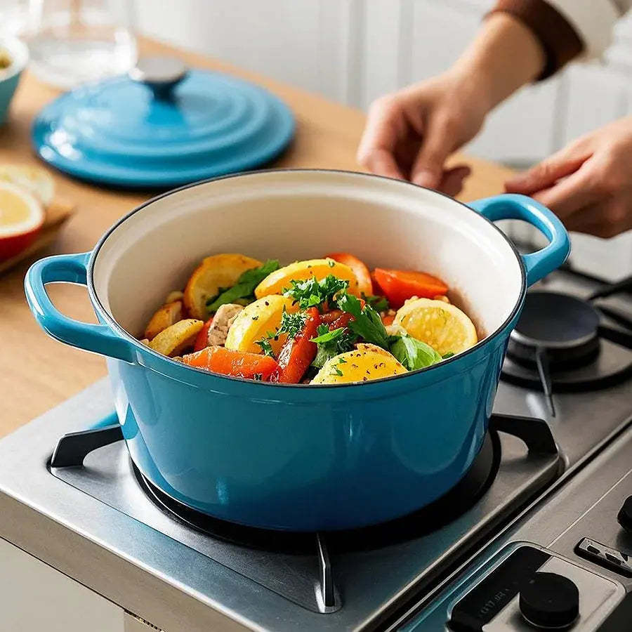 Cast Iron Enamel-Coated Dutch Oven with Lid & Dual Side Handles – Heavy-Duty Cooking Pot Designed for Braising, Roasting, Baking, Stews, Curries, Soups & One-Pot Meals – Compatible with Oven, Induction & Gas Stoves
