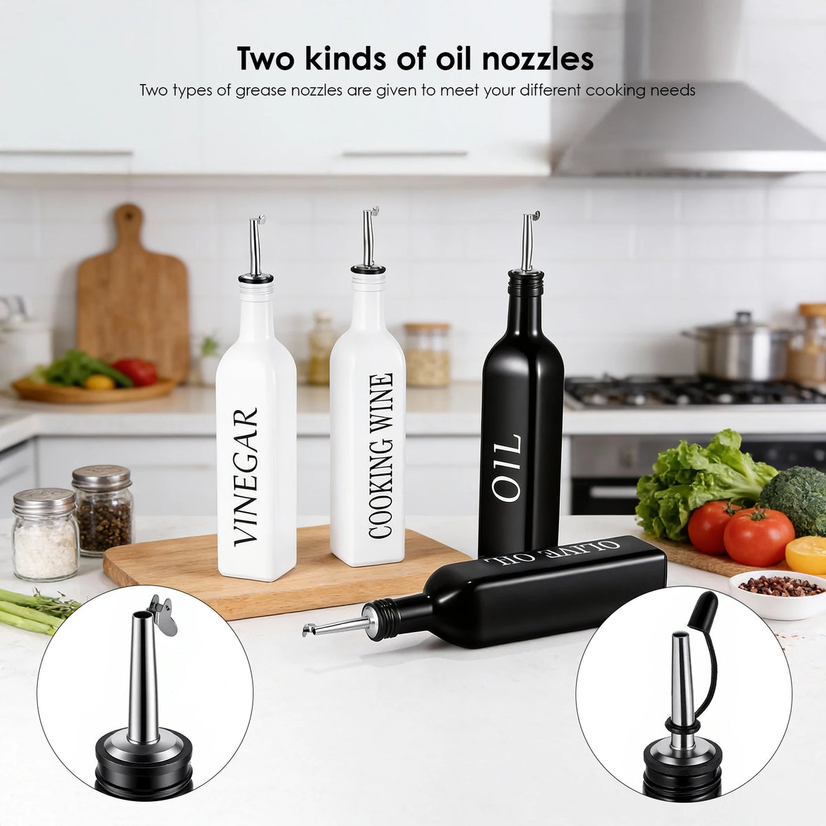 4 Pack Glass Oil Dispenser Bottles with Auto Open & Close Spouts – Leak-Proof 500ml Bottles with Funnel & Spare Caps – Ideal for Olive Oil, Soy Sauce & Vinegar