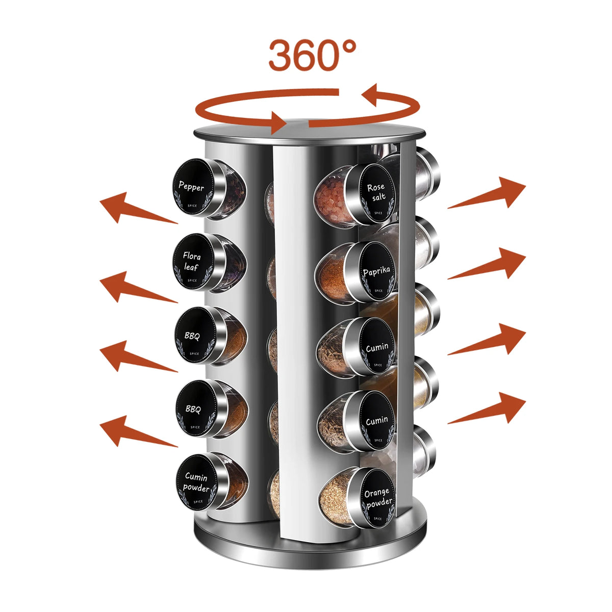 360° Rotating Stainless Steel Spice Carousel with 20 Round Glass Jars – Freestanding Spice Rack with Labels & Funnel – Best for Worktops, Cupboards & Shelves