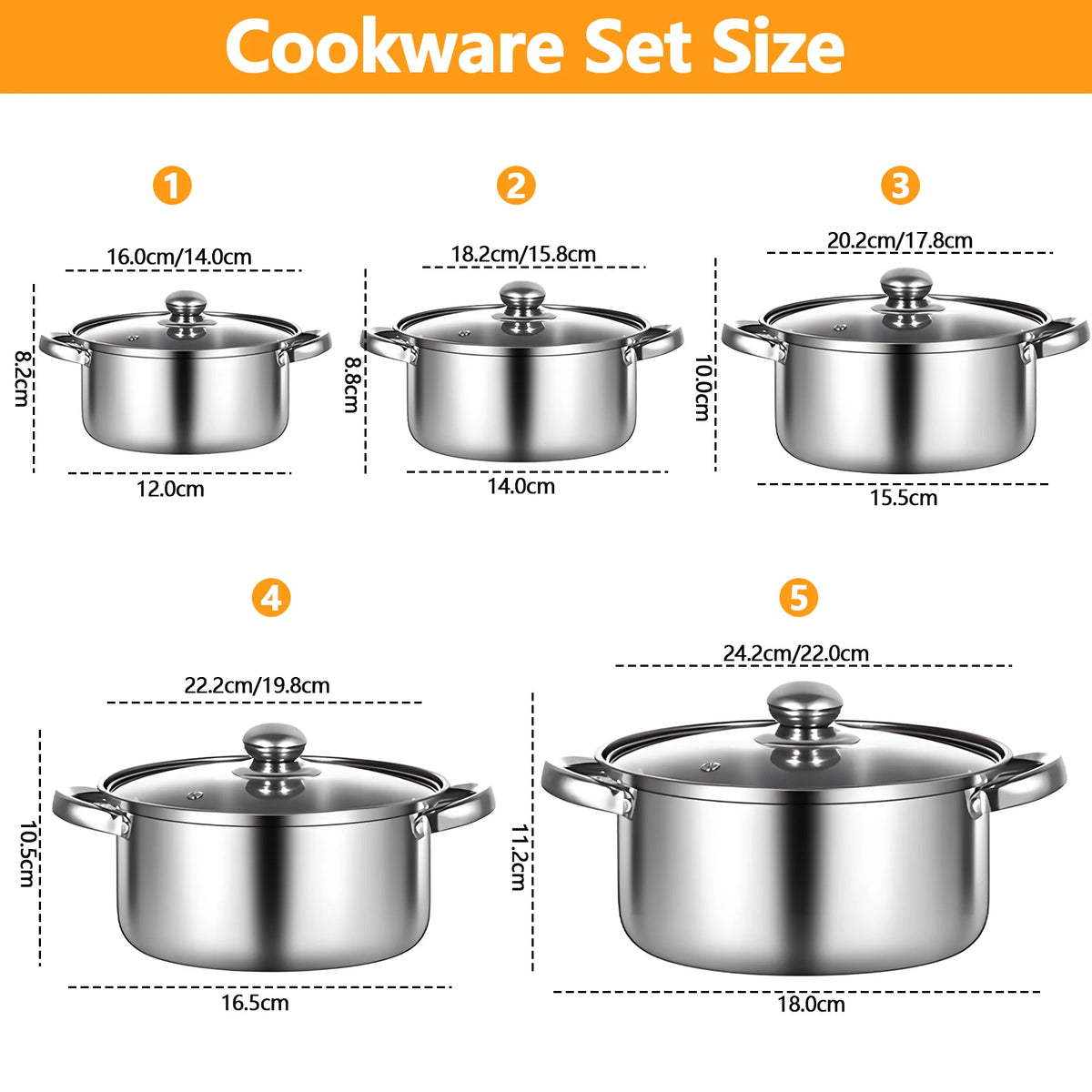 10 Piece Stainless Steel Cooking Pot Set with Glass Lids – 5 Pots 16cm to 24cm – Best for Boiling, Simmering & Family Meals