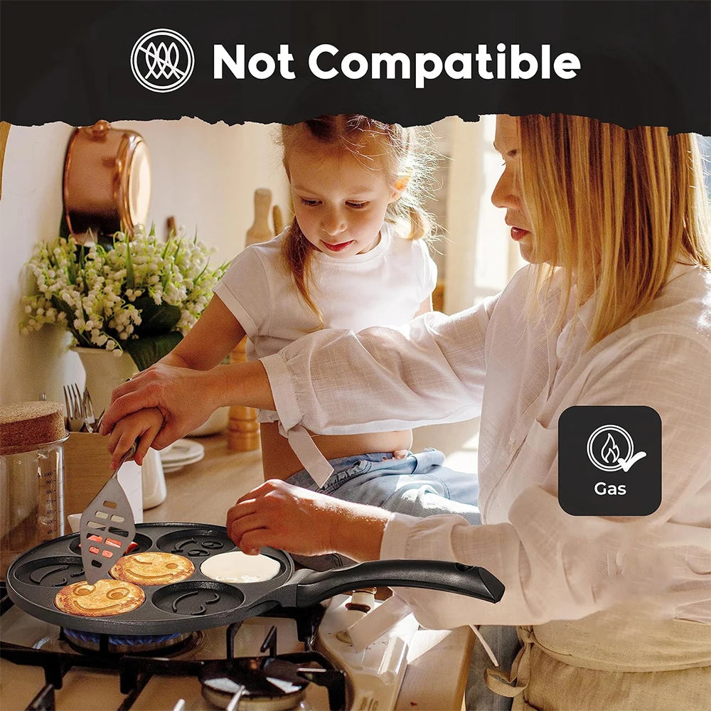 7 Cup Smiley Face Pancake Pan – Non-Stick Egg Cooker & Mini Pancake Maker with Cool-Touch Handle – Ideal for Kids' Breakfasts