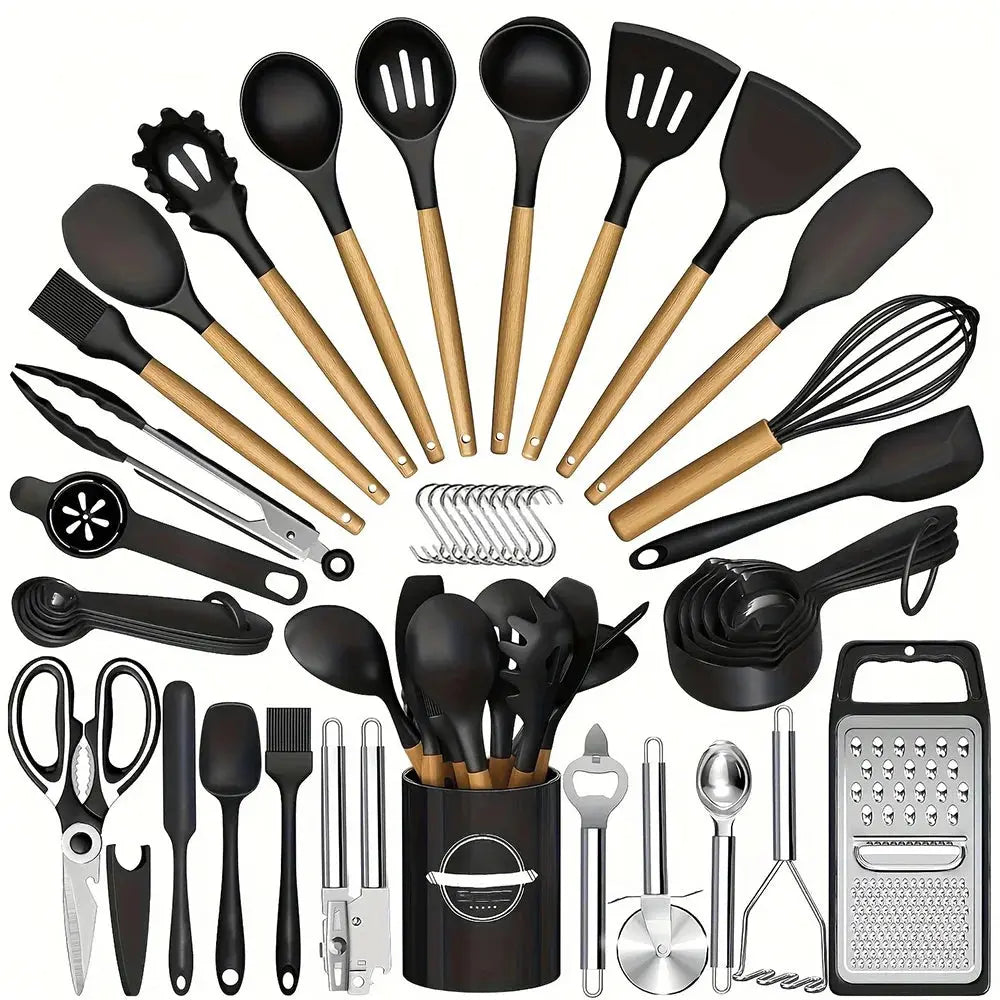 44-Piece Silicone Kitchen Utensils Set with Wooden Handles & Utensil Holder – Heat-Resistant, Food-Grade, Non-Stick Cooking  Utensils  Including Spatulas, Spoons, Turners, Tongs, Whisk, Grater, Scissors & Measuring Cups C for Chef