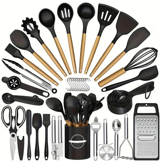 44-Piece Silicone Kitchen Utensils Set with Wooden Handles & Utensil Holder – Heat-Resistant, Food-Grade, Non-Stick Cooking  Utensils  Including Spatulas, Spoons, Turners, Tongs, Whisk, Grater, Scissors & Measuring Cups C for Chef