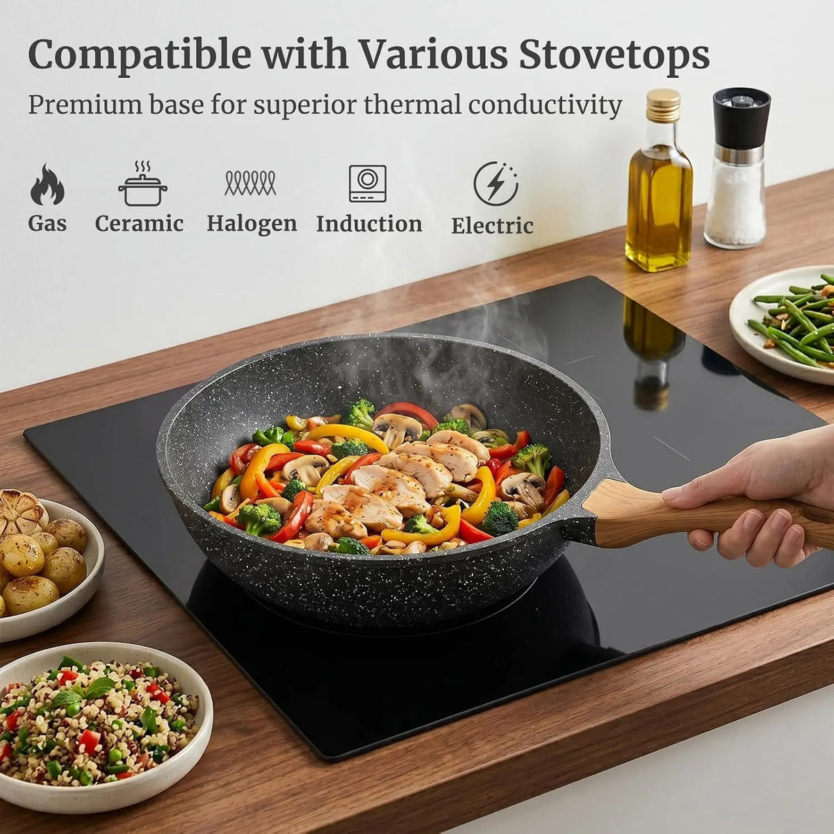 Non-Stick Deep Frying Pan with Glass Lid – Aluminium Sauté Pan for Gas & Induction – Great for Stir-Fries, Sauces & Shallow Frying – Available in 24cm, 26cm & 30cm