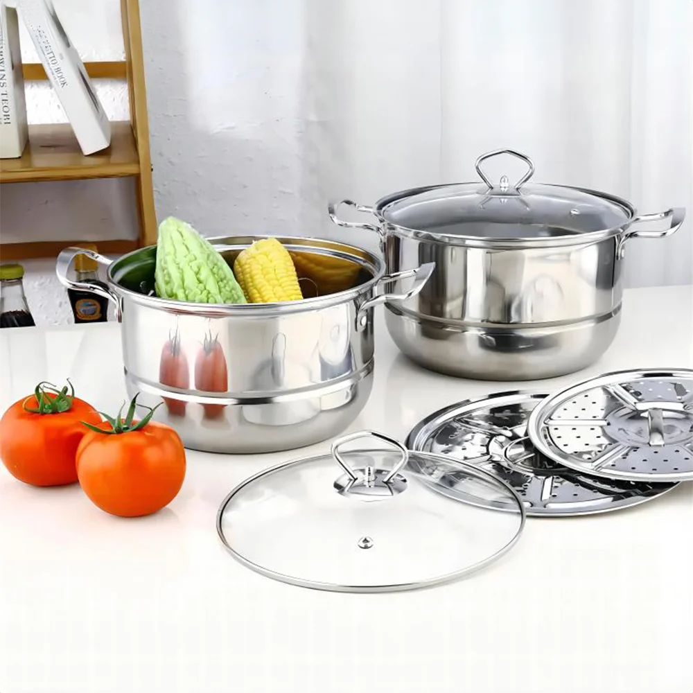 14 Piece Non-Stick Stainless Steel Cookware Set with Steamer Tray, Kettle & Utensils – Pots, Pans & Glass Lids – Best for Home & Restaurant Kitchens
