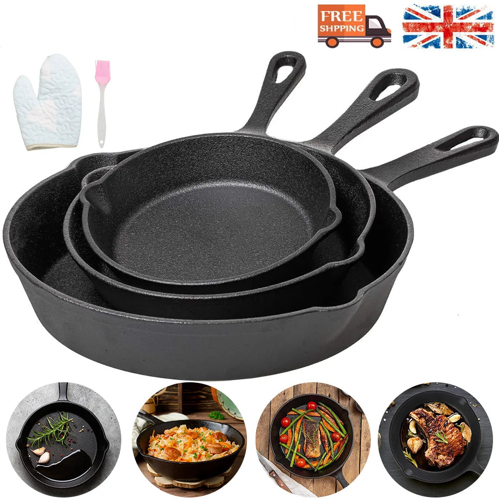 Pre-Seasoned Cast Iron Skillet Set with Brush & Gloves – 3 Heavy Duty Griddle & Frying Pans 16cm, 20cm & 26cm – Great for Grilling, Roasting & Baking