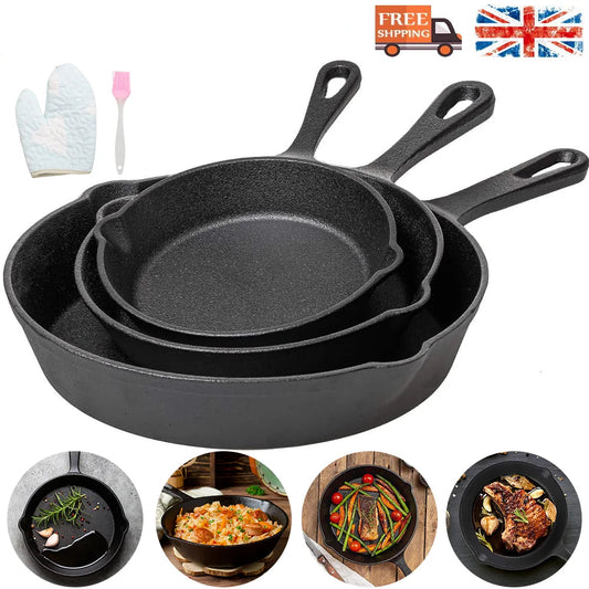 Pre-Seasoned Cast Iron Skillet Set with Brush & Gloves – 3 Heavy Duty Griddle & Frying Pans 16cm, 20cm & 26cm – Great for Grilling, Roasting & Baking