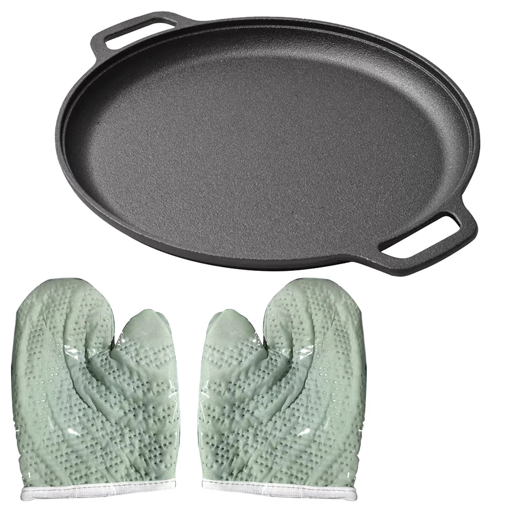 Cast Iron Double Handle Frying Pan with Gloves – Thick Pre-Oiled Skillet for Pancakes, Pizza & Steaks – Perfect for Hob, BBQ & Outdoor Cooking (28cm)