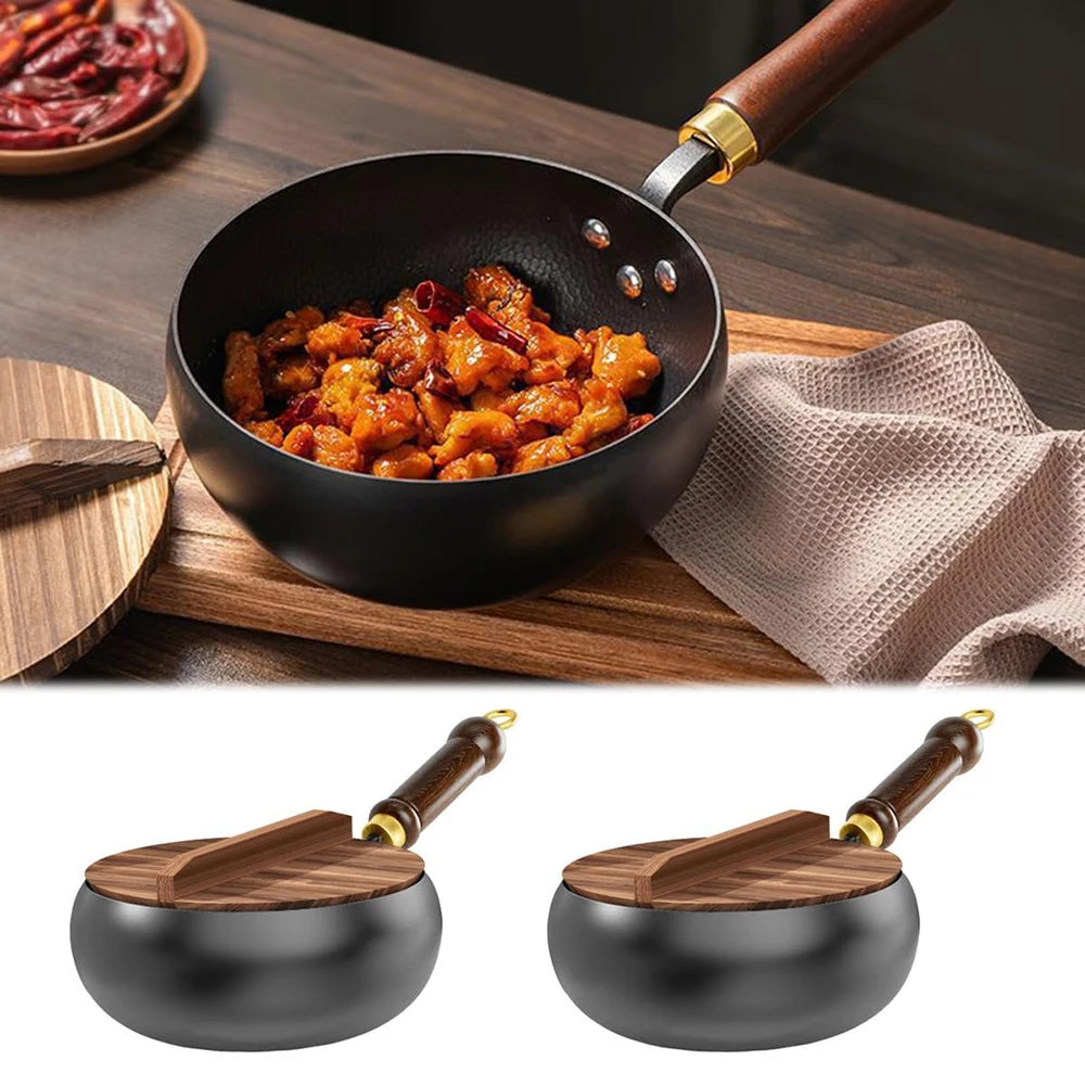 Iron Frying Pan with Beech Wood Lid – Hand-Forged Uncoated Wok-Style Pan – Best for Frying, Stewing & Deep Frying – Available in 24cm & 28cm