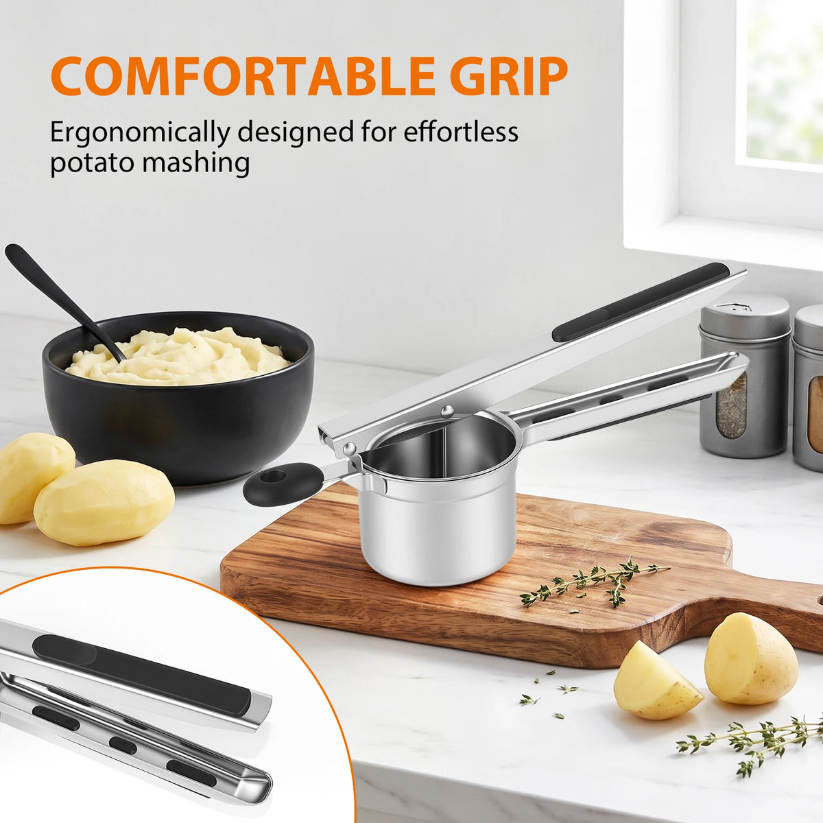 Large Stainless Steel Potato Ricer & Masher Press – Heavy Duty 15oz Food Press with Silicone Handle – Great for Fluffy Mash & Vegetable Purées