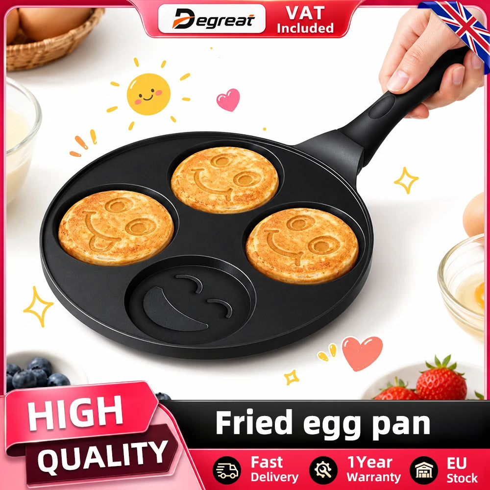 Smiley Face Mini Pancake Maker – 4 Cavity Non-Stick Maifan Stone Griddle with Anti-Scald Handle – Ideal for Fun Breakfasts & Fried Eggs