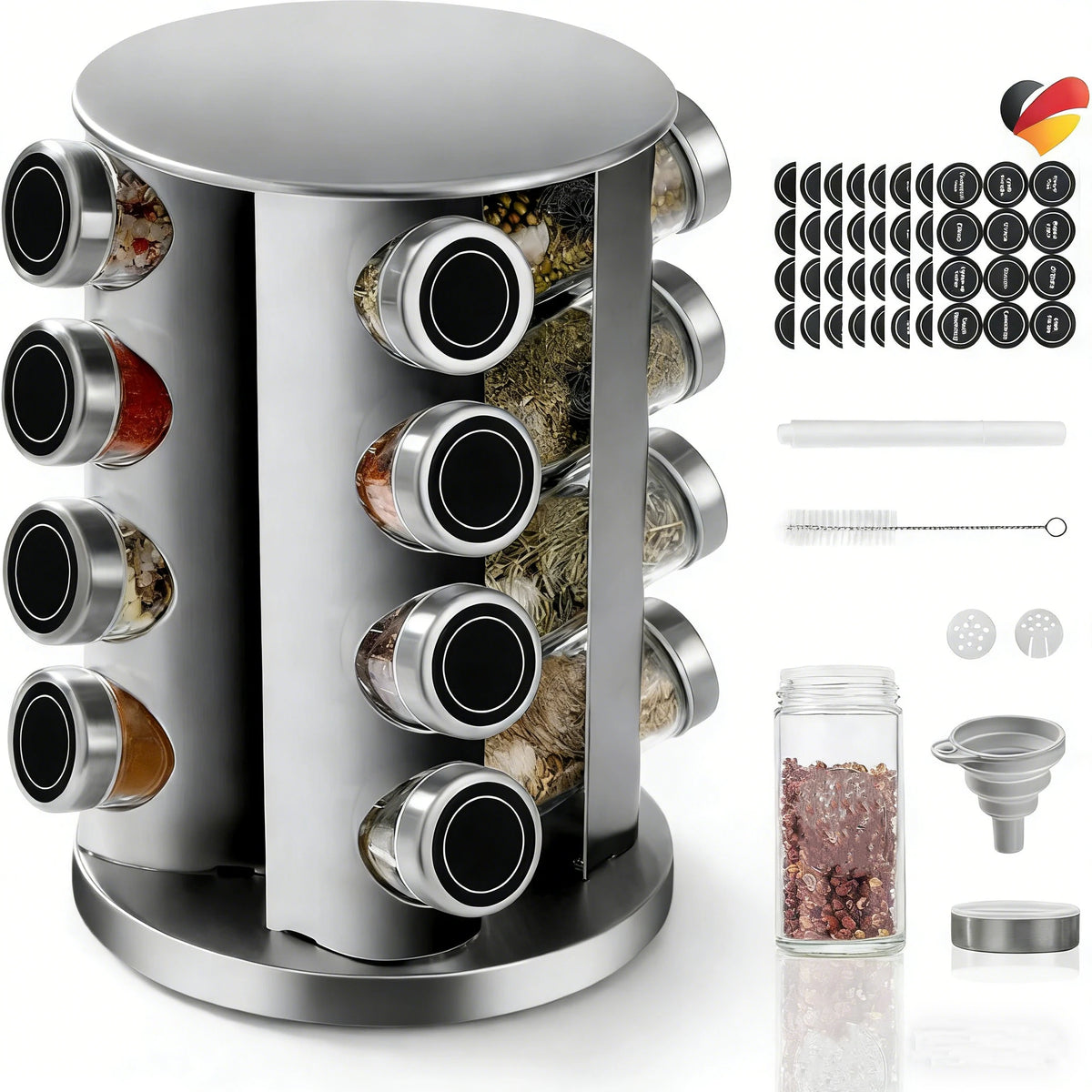 360° Rotating Stainless Steel Spice Carousel with 16 Round Glass Jars – Compact Freestanding Spice Rack with Labels & Funnel – Great for Worktops & Cupboards