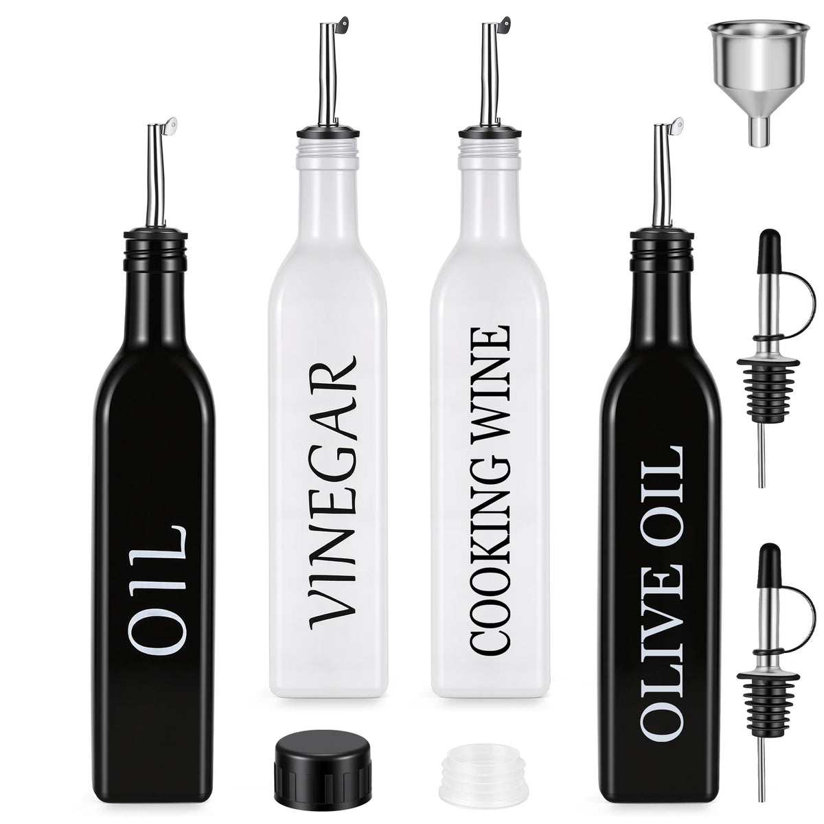 4 Pack Glass Oil Dispenser Bottles with Auto Open & Close Spouts – Leak-Proof 500ml Bottles with Funnel & Spare Caps – Ideal for Olive Oil, Soy Sauce & Vinegar
