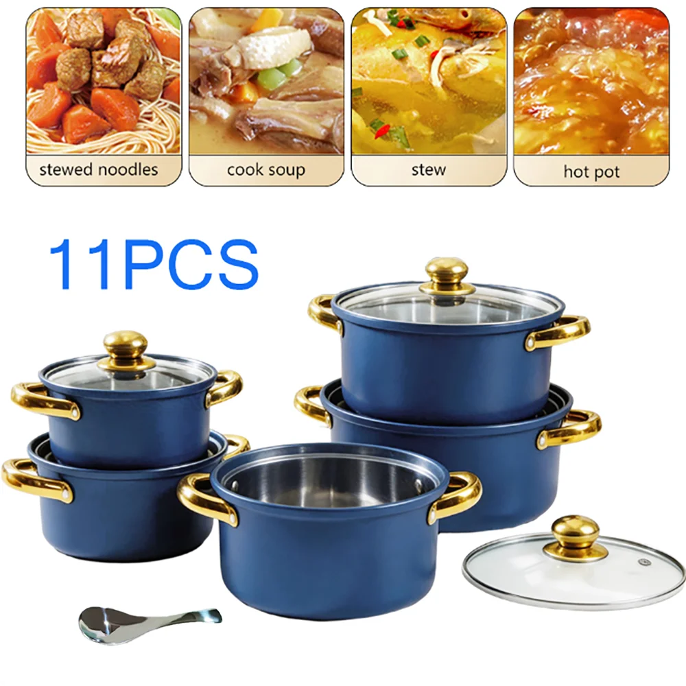 10-Piece Blue Stainless Steel Cookware Set with Glass Lids & Gold-Colored Dual Handles – Multi-Purpose Anti-Scald Stock & Soup Pots, Ideal for Soups, Milk, Porridge & One-Pot Cooking, Compatible with Gas and Induction Stoves, Includes Spoon