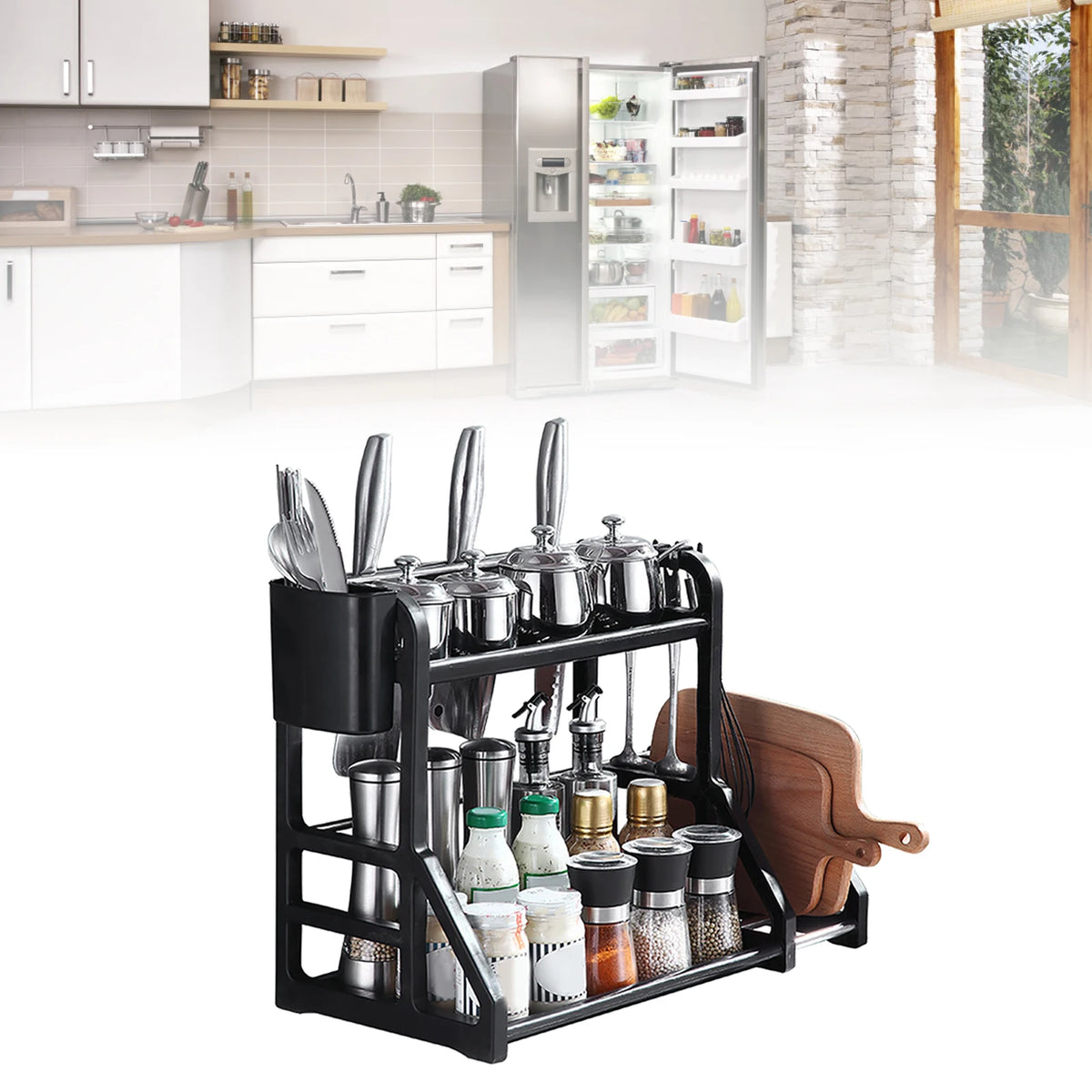 Double-Tier Corner Spice Rack & Knife Stand – Movable Kitchen Worktop Storage Shelf – Great for Spices, Knives & Seasoning Bottles