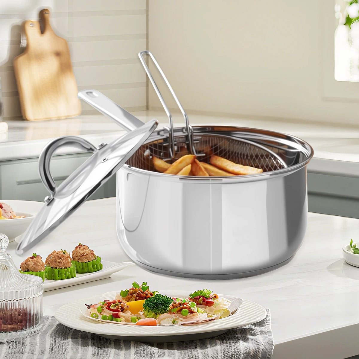 Stainless Steel Deep Fryer Pot with Basket & Glass Lid – Oil-Saving Round Deep Frying Pan – Great for Chips, Chicken & Fried Snacks