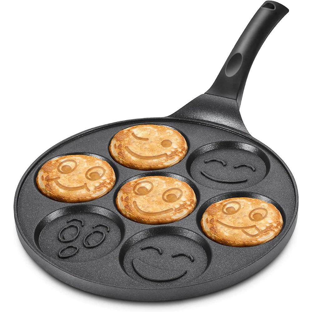 7 Cup Smiley Face Pancake Pan – Non-Stick Egg Cooker & Mini Pancake Maker with Cool-Touch Handle – Ideal for Kids' Breakfasts