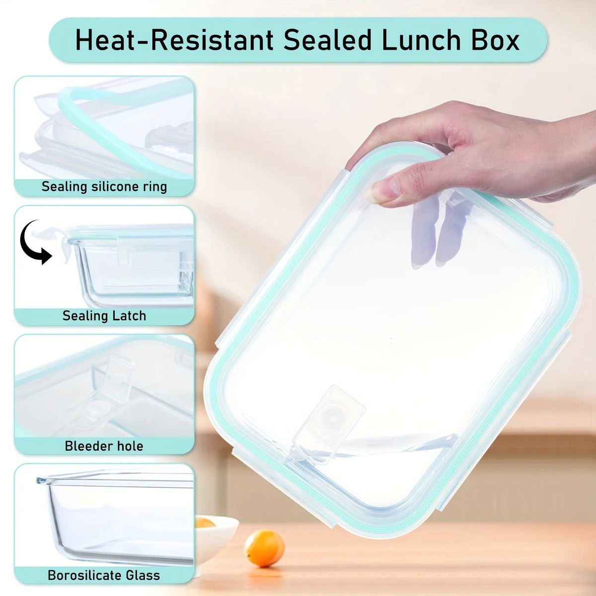 Set of 4 Glass Lunch Boxes with Snap-On Lids – Airtight, Leak-Proof & Stackable 1040ml Food Containers – Best for Meal Prep, Fruit & Leftovers