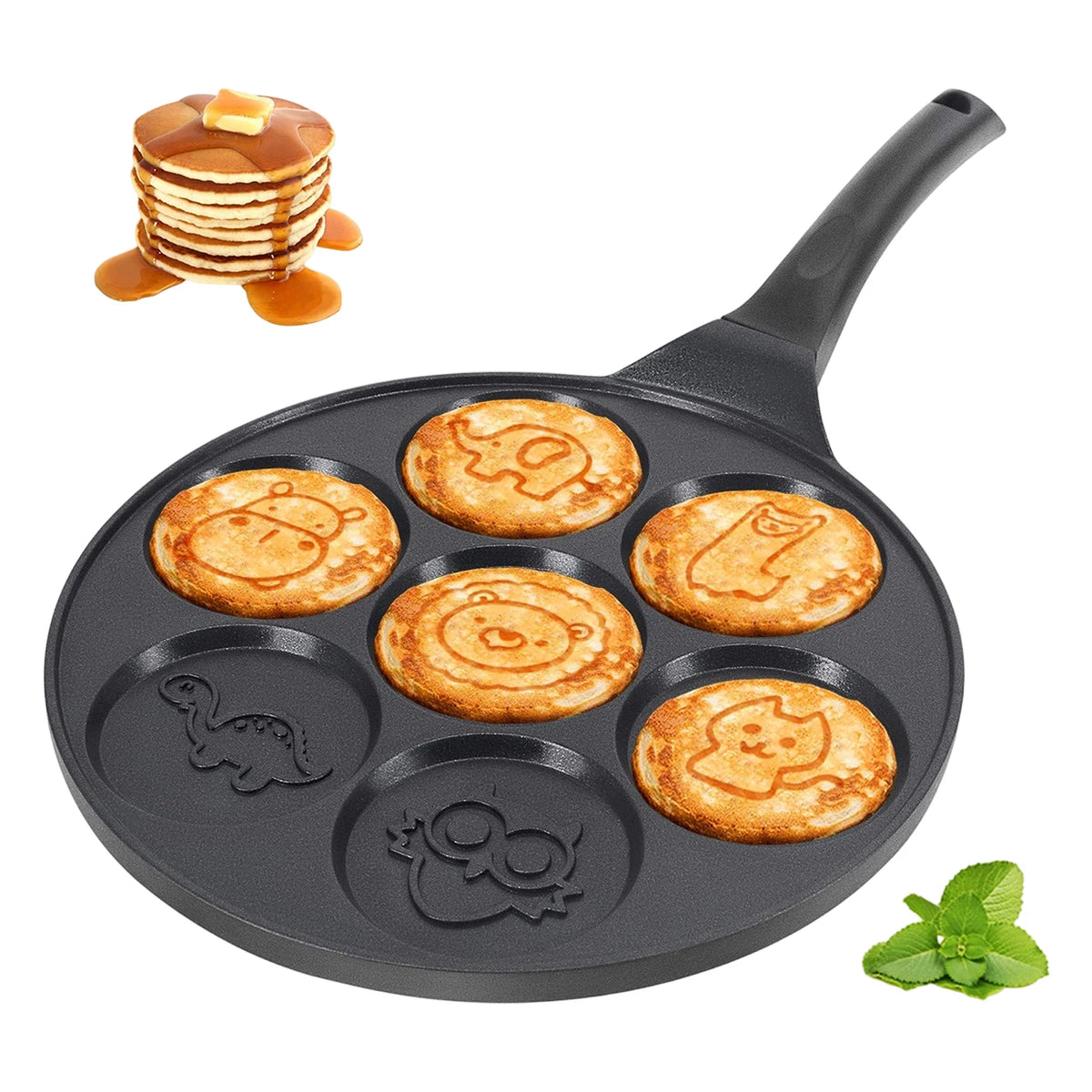 Animal Design Mini Pancake Maker – 7 Cavity Non-Stick Maifan Stone Griddle with Anti-Scald Handle – Great for Fun Kids' Breakfasts (28cm)