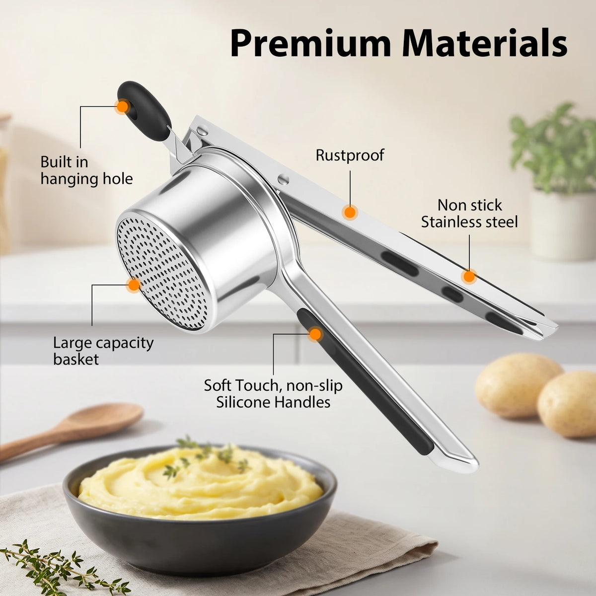Large Stainless Steel Potato Ricer & Masher Press – Heavy Duty 15oz Food Press with Silicone Handle – Great for Fluffy Mash & Vegetable Purées