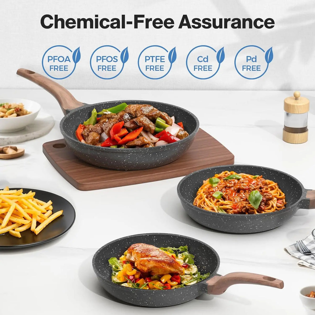 3 Piece Granite Non-Stick Frying Pan Set – Induction Skillets for Omelettes & Everyday Cooking – Ideal for Eggs, Pancakes & Stir-Fries