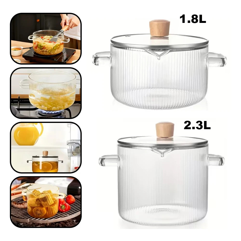Glass Cooking Pot with Lid – Heat Resistant Borosilicate Glass Saucepan with Dual Handles – Best for Soup, Pasta & Baby Food – Available in 1.8L & 2.3L