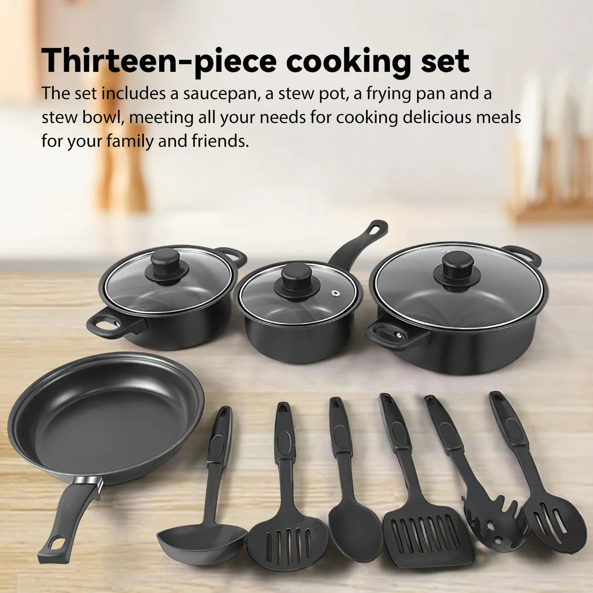 13 Piece Stone-Coated Non-Stick Cookware Set – 4 Pots & Pans, 3 Lids & 6 Utensils – Ideal for Induction & Gas Hobs