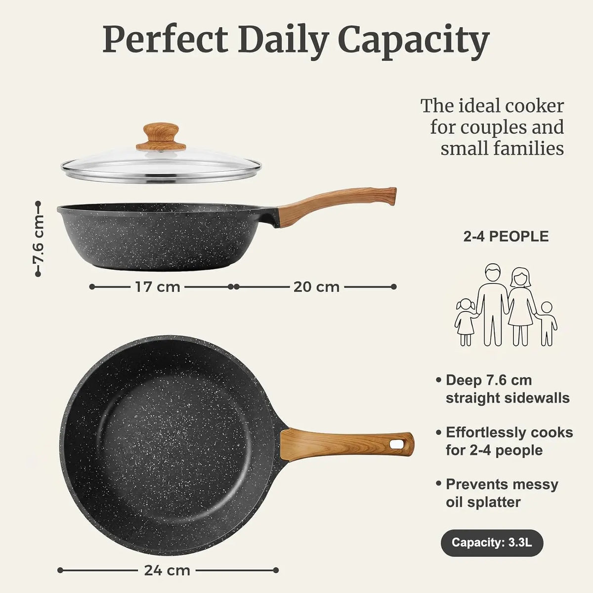 Non-Stick Deep Frying Pan with Glass Lid – Aluminium Sauté Pan for Gas & Induction – Great for Stir-Fries, Sauces & Shallow Frying – Available in 24cm, 26cm & 30cm