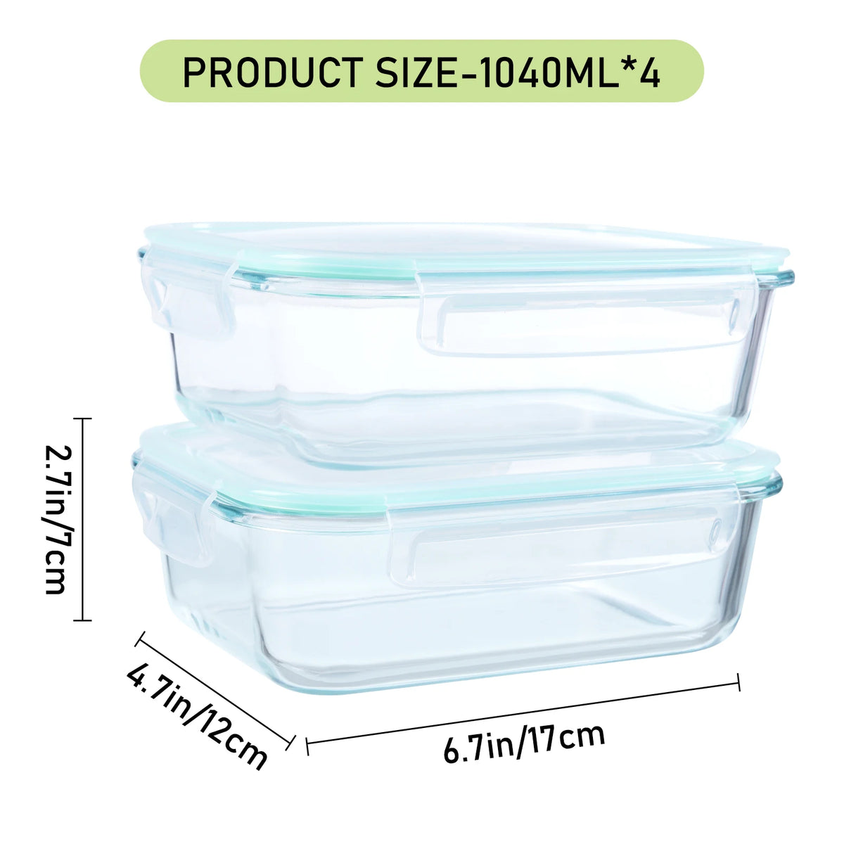 Set of 4 Glass Lunch Boxes with Snap-On Lids – Airtight, Leak-Proof & Stackable 1040ml Food Containers – Best for Meal Prep, Fruit & Leftovers