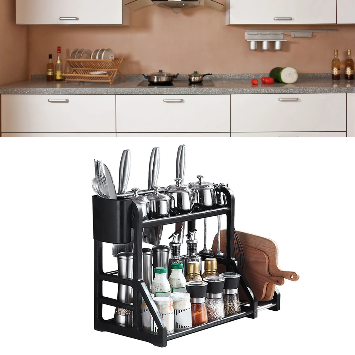 Double-Tier Corner Spice Rack & Knife Stand – Movable Kitchen Worktop Storage Shelf – Great for Spices, Knives & Seasoning Bottles