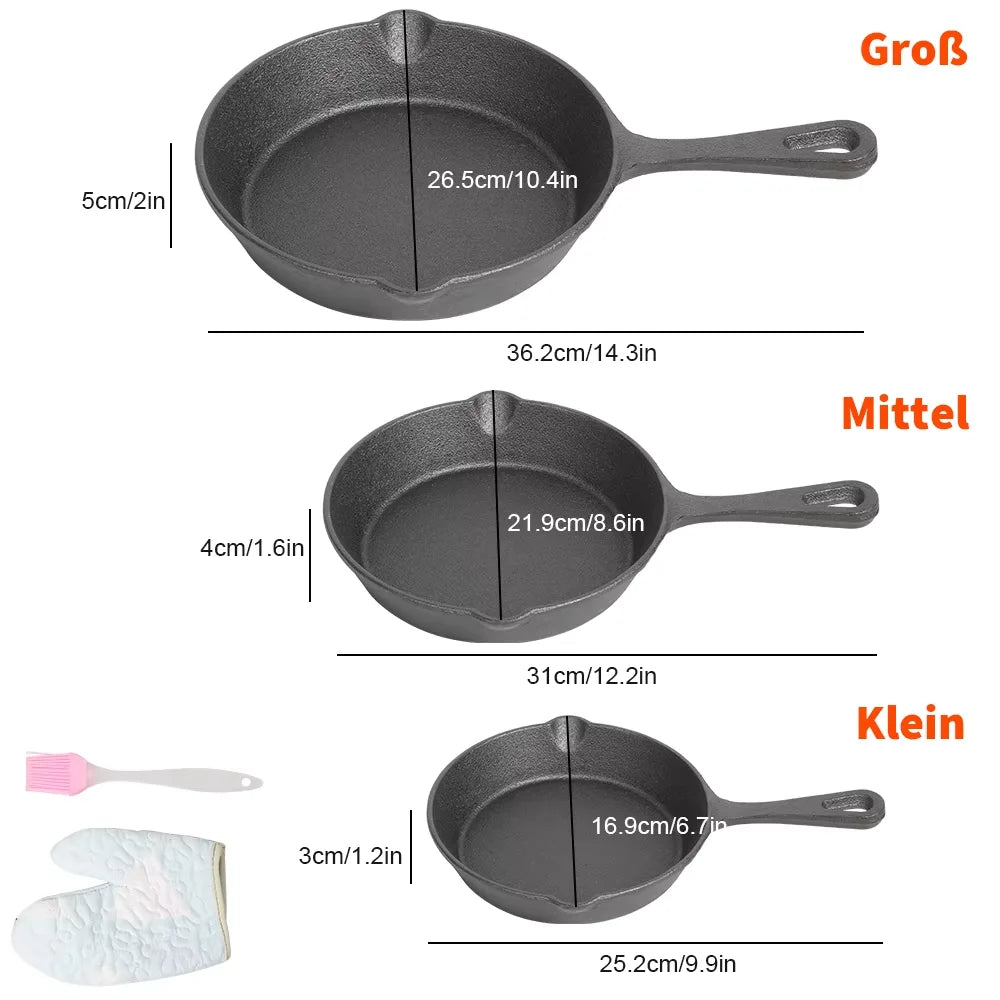 3 Piece Cast Iron Skillet Set with Brush & Heat Resistant Gloves – Pre-Seasoned Frying & Griddle Pans 16cm, 20cm & 26cm – Best for Searing, Frying & Oven Roasting