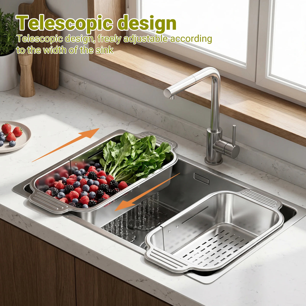 Adjustable Stainless Steel Over-Sink Colander Basket – Extendable Drain Rack 21cm to 44cm – Great for Rinsing Fruit, Draining Pasta & Drying Dishes