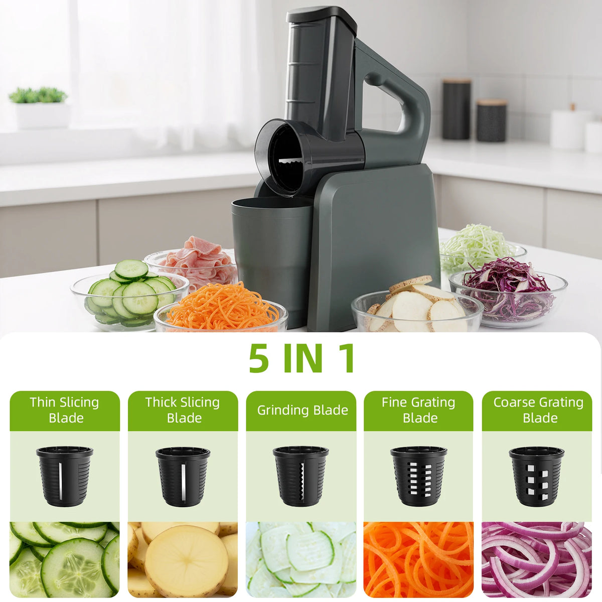 5-in-1 Electric Cheese Grater & Vegetable Slicer – Drum Food Processor with 5 Interchangeable Blades – Best for Cheese, Carrots, Nuts & Salads