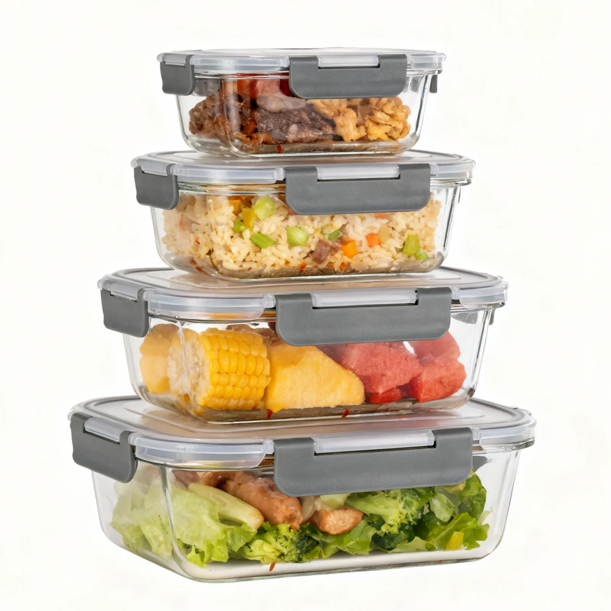 4 Piece Borosilicate Glass Food Containers with Snap-Lock Lids – Airtight Meal Prep Boxes 370ml, 640ml, 1040ml & 1520ml – Great for Fridge, Freezer & Lunches