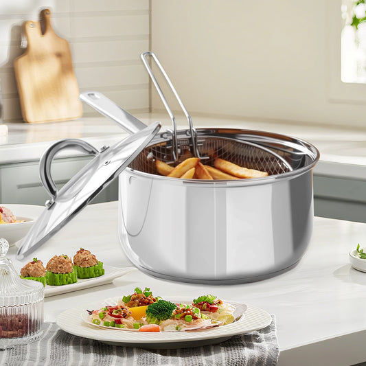Stainless Steel Deep Fryer Pot with Basket & Lid – Family Size Chip Pan for Induction & Gas – Great for Chips, Chicken & Tempura (19.5cm)