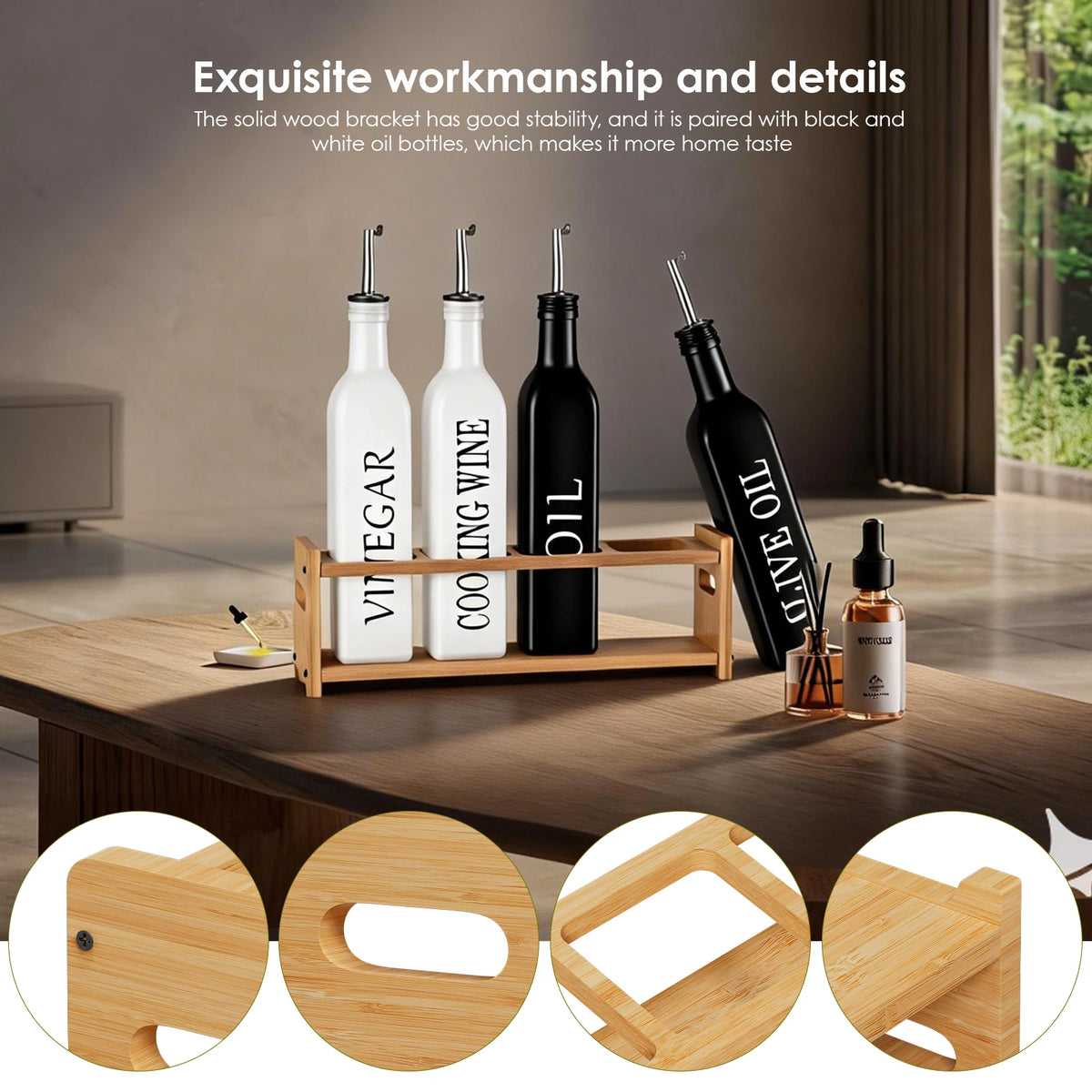 Glass Oil Dispenser Bottles with Bamboo Rack – 4 x 500ml Auto Open & Close Leak-Proof Bottles with Funnel – Ideal for Olive Oil, Soy Sauce & Vinegar
