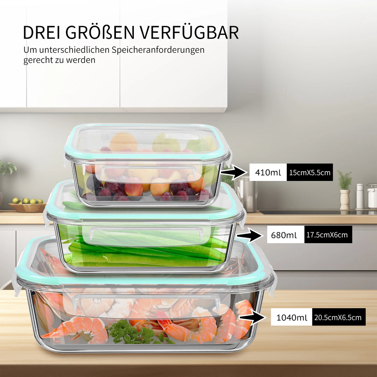 3 Piece Glass Food Storage Set with Lids – Meal Prep Bowls & Jars 1040ml, 680ml & 410ml – Ideal for Fridge, Pantry & Leftovers