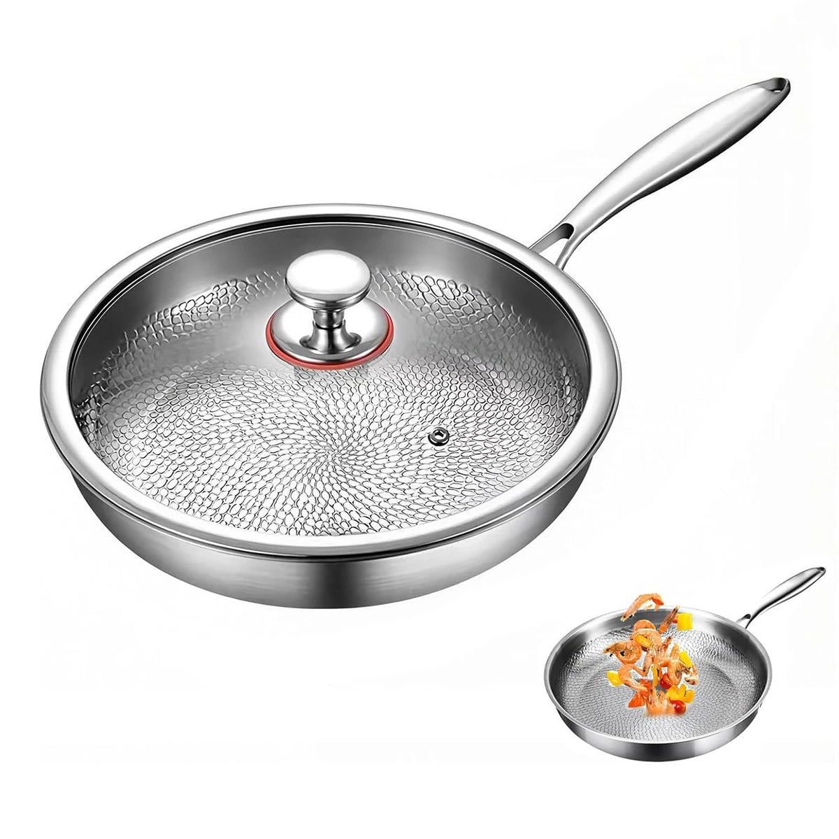 Pure Titanium Frying Pan with Lid – Uncoated Hammer Scale Non-Stick Titanium Alloy Skillet – Best for Searing & Healthy Cooking – Available in 26cm, 28cm & 30cm
