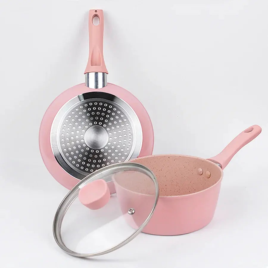Pink 3-Piece Non-Stick Cookware Set – Aluminum Frying Pan & Saucepan with Reinforced Glass Lid – Compact Design for Home Kitchen Cooking – Works on Both Gas & Induction Stoves Pink-3Pcs Three-piece Set