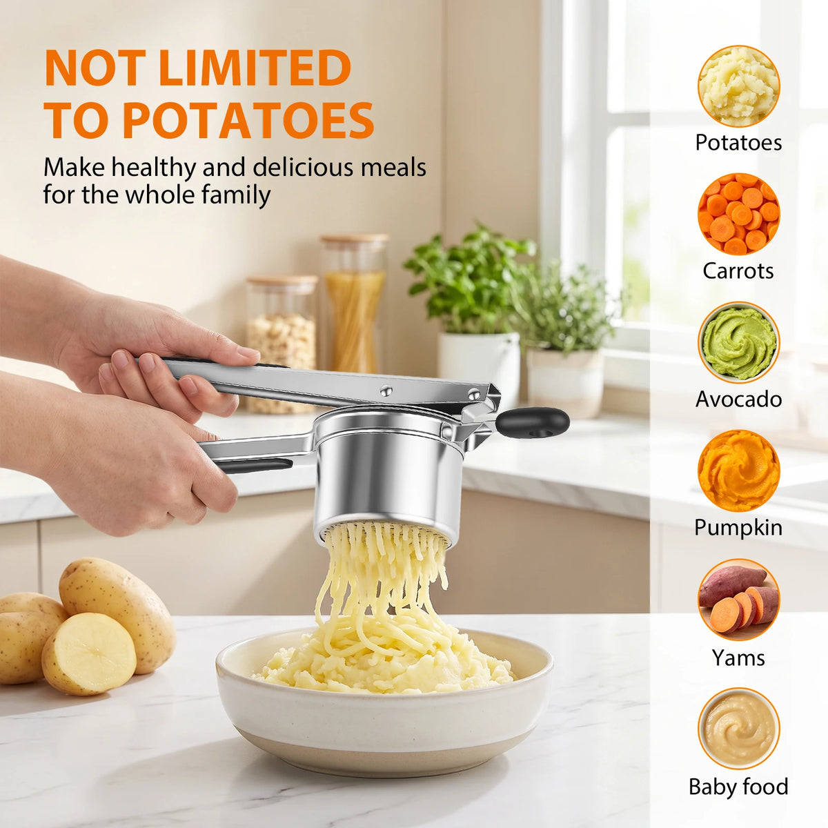 Large Stainless Steel Potato Ricer & Masher Press – Heavy Duty 15oz Food Press with Silicone Handle – Great for Fluffy Mash & Vegetable Purées