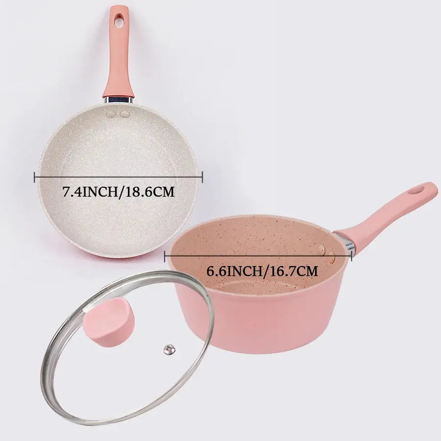 Pink 3-Piece Non-Stick Cookware Set – Aluminum Frying Pan & Saucepan with Reinforced Glass Lid – Compact Design for Home Kitchen Cooking – Works on Both Gas & Induction Stoves