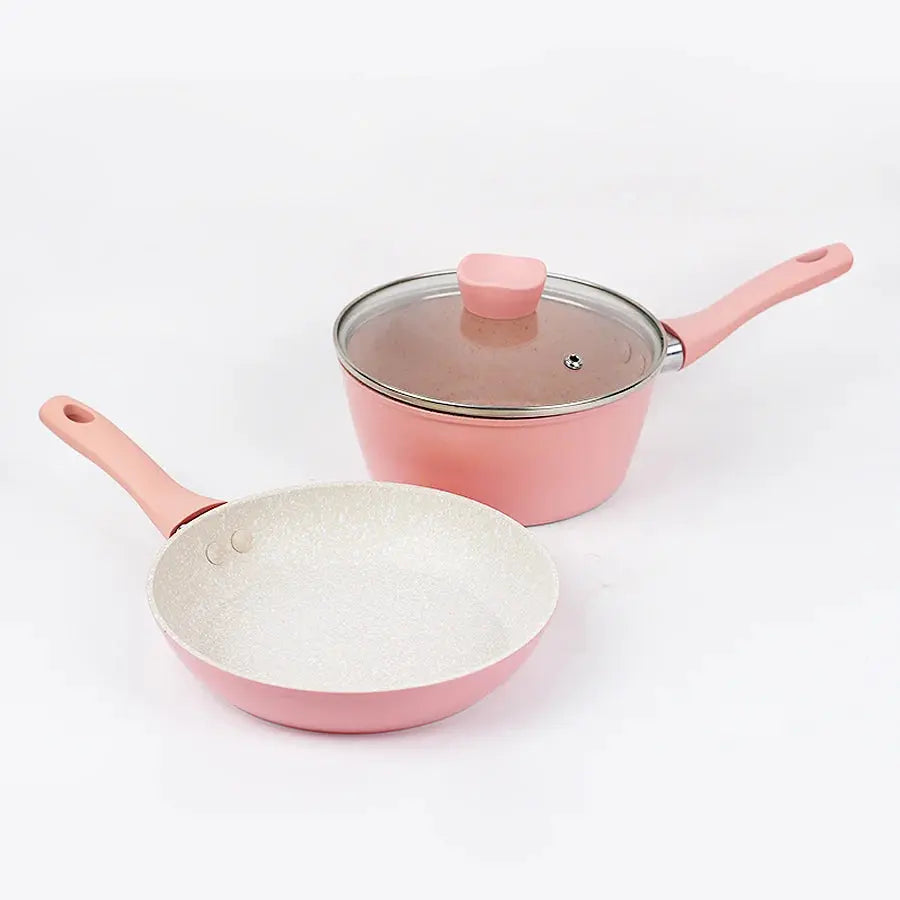 Pink 3-Piece Non-Stick Cookware Set – Aluminum Frying Pan & Saucepan with Reinforced Glass Lid – Compact Design for Home Kitchen Cooking – Works on Both Gas & Induction Stoves