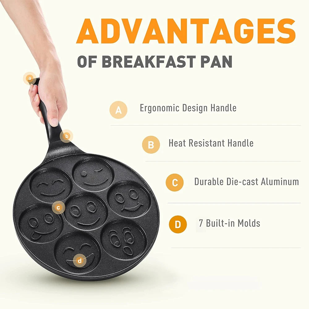 7 Cup Smiley Face Pancake Pan – Non-Stick Egg Cooker & Mini Pancake Maker with Cool-Touch Handle – Ideal for Kids' Breakfasts