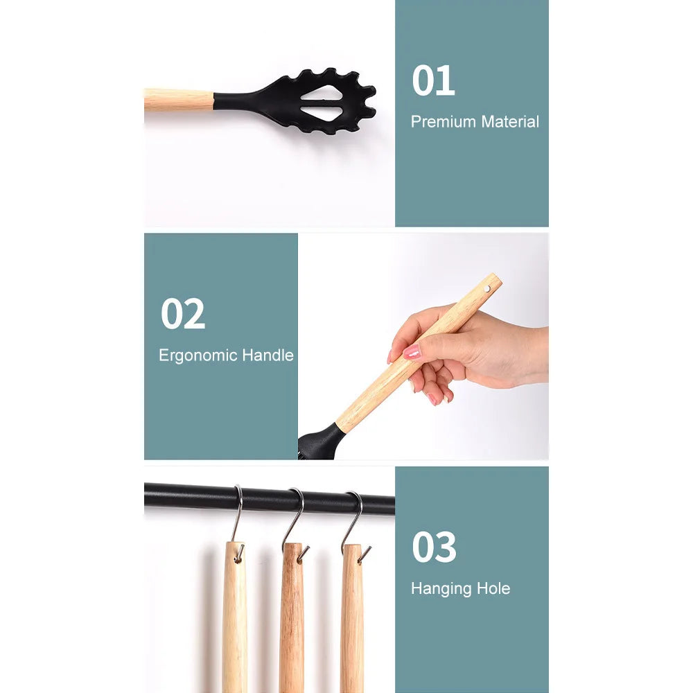 44 Piece Silicone Kitchen Utensil Set with Wooden Handles & Holder – Spatulas, Spoons, Whisk, Tongs & Measuring Cups – Ideal for Complete Kitchen Kits